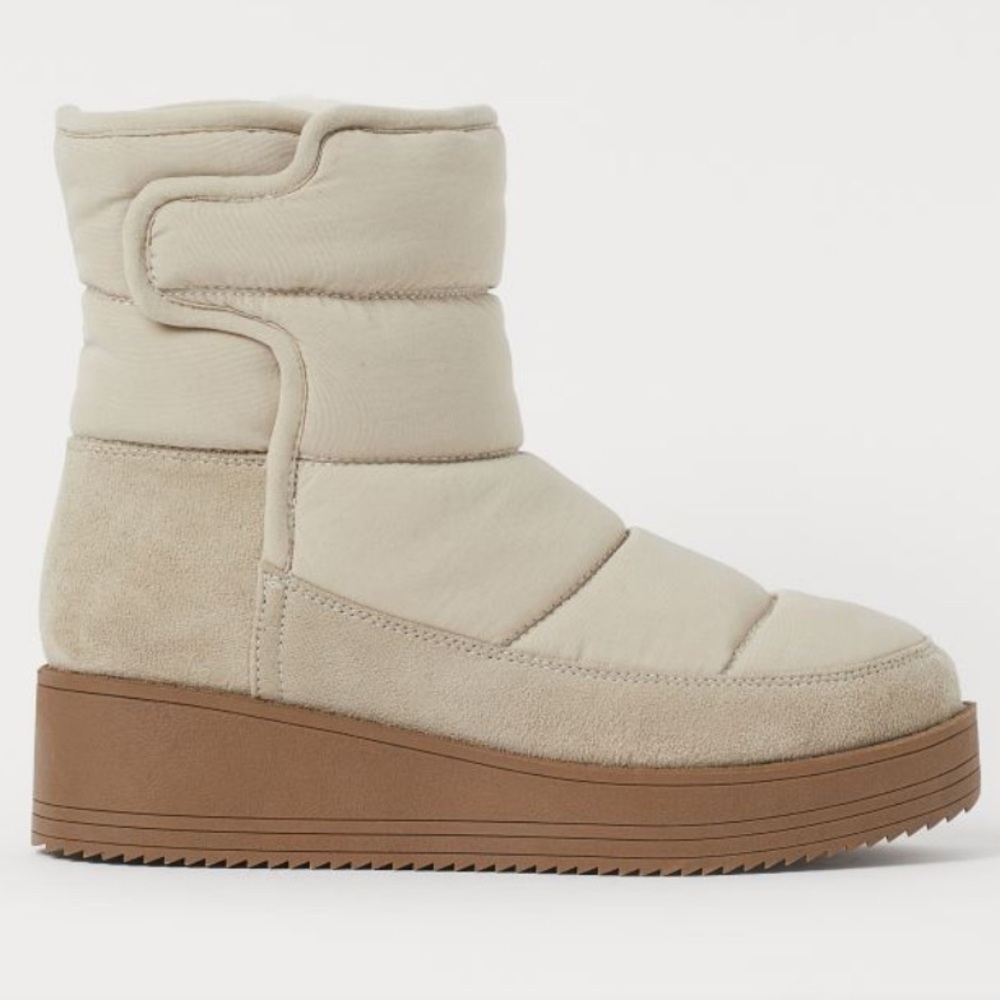 QUILTED PLATFORM NEUTRAL CREAM PUFFER SNOW BOOTS SHERPA LINED SIZE 8 NWOT - Picture 1 of 9
